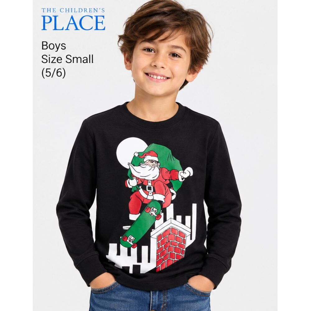 The Children's Place Boys Skateboard Santa Christmas Tee Black S 5/6 NWT